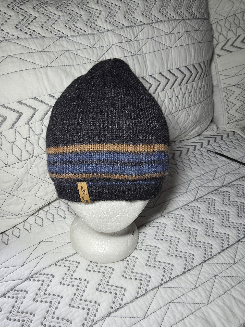 Men’s Alpaca Knit Beanie with Blue and Tan Stripes